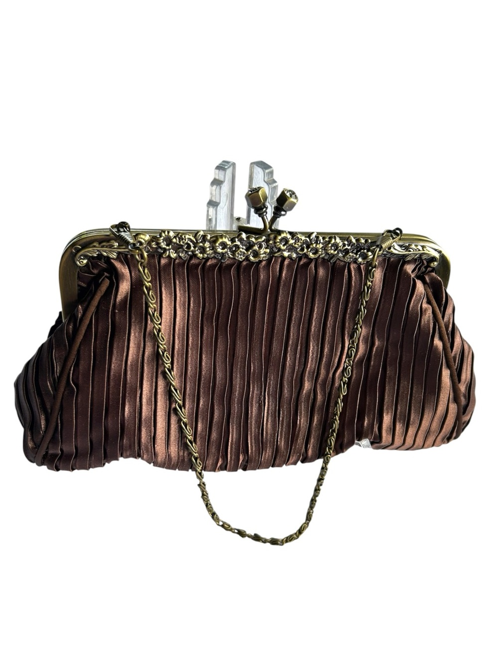 Vintage Evening Pleated Satin Clutch Bag with Chain - Brown